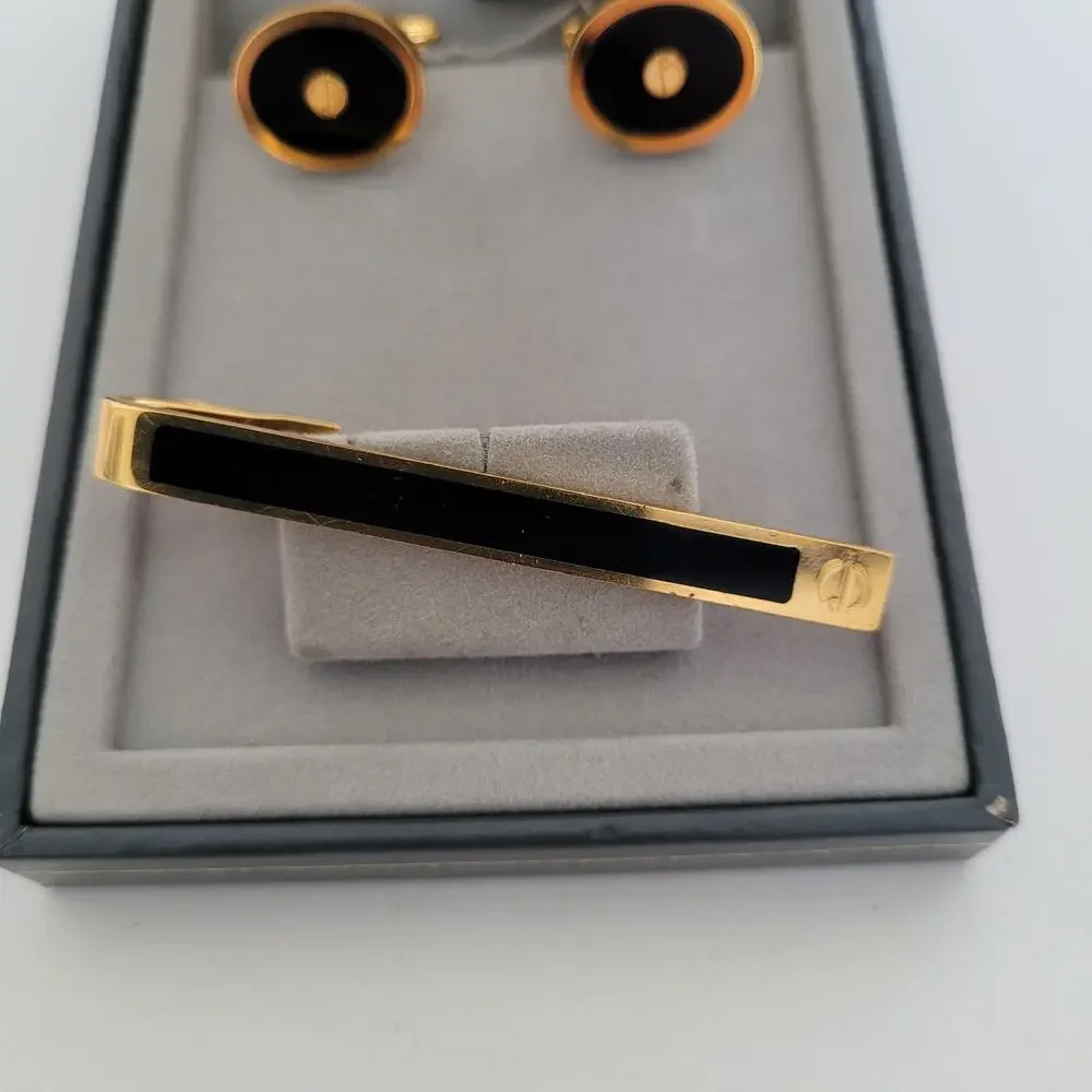 Dunhill Vintage Round Cufflinks Tie Clasp Clip Bar Set Black Onyx Gold Logo Box